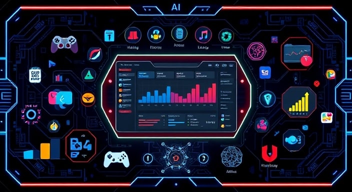 A futuristic digital interface representing adaptive AI in interactive media, with elements showcasing personalized gaming experiences, real-time behavior prediction, and dynamic monetization features. Visual elements include user data analytics, predictive graphs, and in-game purchase options tailored to player behavior, illustrating adaptive AI's role in enhancing engagement and revenue opportunities.