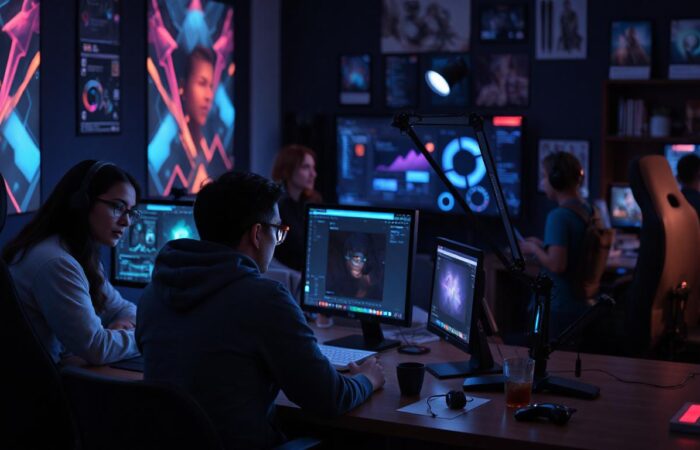 A modern game development team using AI tools like Rebellis AI to create 3D animations and streamline workflows in Unity.