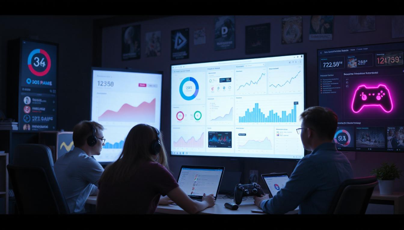 Indie game developers analyzing market research data on a large screen, using tools like mobile game analytics dashboards and engaging with players on platforms like Discord and Twitch in a vibrant, futuristic workspace.