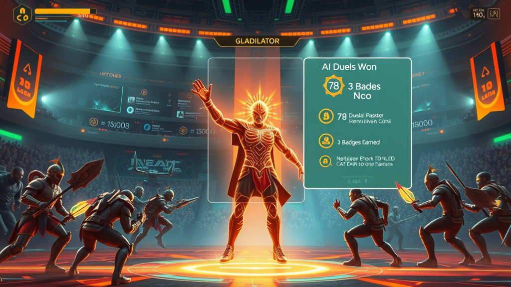 A futuristic digital metaverse showcasing a gamer interacting with a glowing NFT object, surrounded by blockchain graphs and smart contract interfaces in a vibrant blue-purple environment