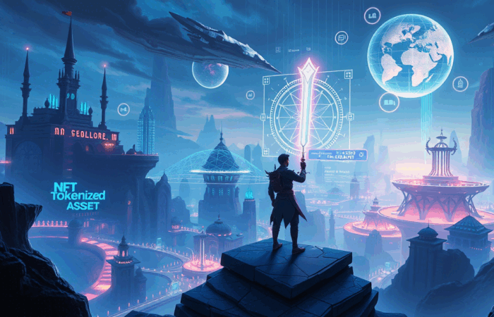 A dynamic multiplayer arena featuring an AI-controlled gladiator NPC with on-chain achievements displayed, set against a backdrop of blockchain tokens and digital assets in an orange-green neon aesthetic.