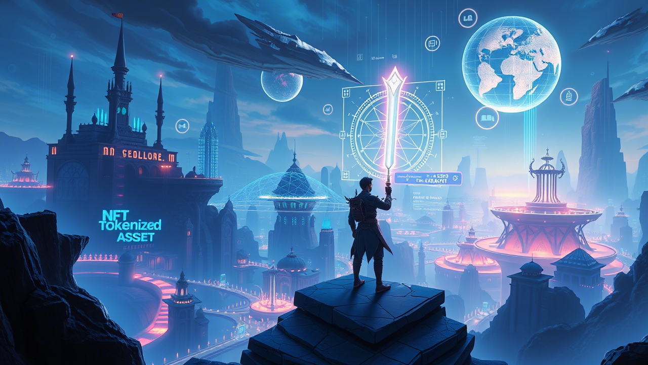 A dynamic multiplayer arena featuring an AI-controlled gladiator NPC with on-chain achievements displayed, set against a backdrop of blockchain tokens and digital assets in an orange-green neon aesthetic.