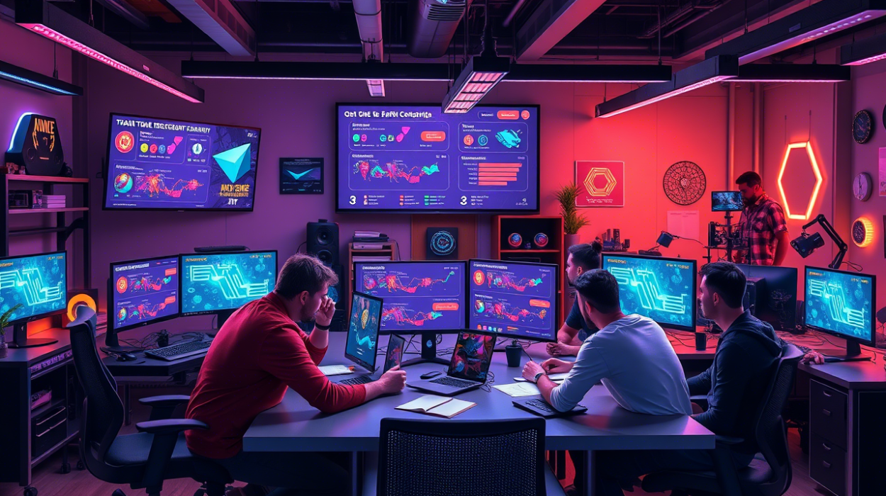 Game developers working on blockchain-integrated games, with digital screens displaying NFT assets and token-based game systems