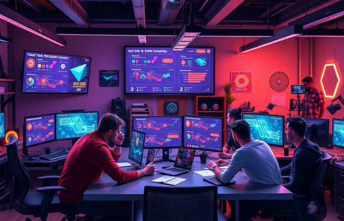 Game developers working on blockchain-integrated games, with digital screens displaying NFT assets and token-based game systems