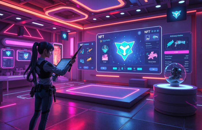 A vibrant infographic with a central blockchain network connecting players, developers, and investors. Include icons for NFT marketplaces, play-to-earn models, and cross-game compatibility. Add glowing digital assets like swords, skins, and characters floating around the network. Use a futuristic color palette with neon blue, purple, and green tones.