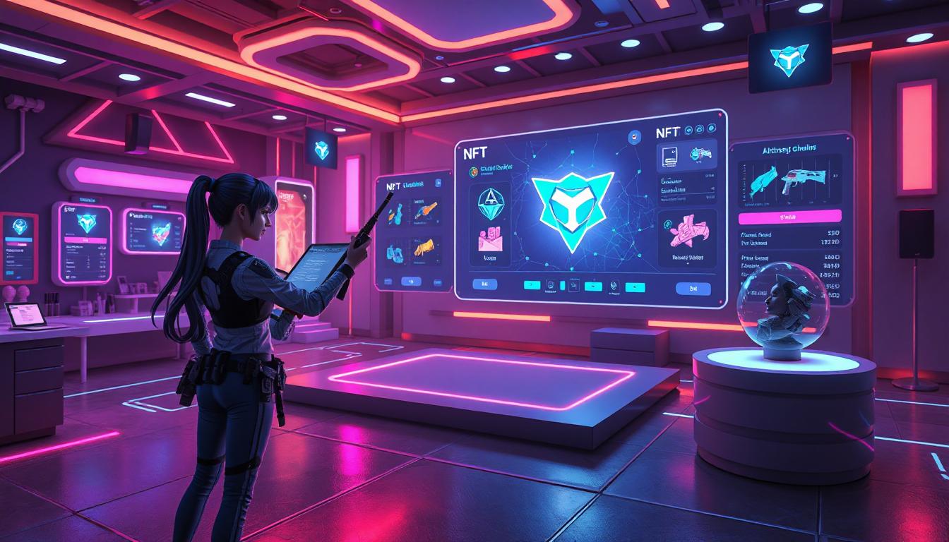 A vibrant infographic with a central blockchain network connecting players, developers, and investors. Include icons for NFT marketplaces, play-to-earn models, and cross-game compatibility. Add glowing digital assets like swords, skins, and characters floating around the network. Use a futuristic color palette with neon blue, purple, and green tones.