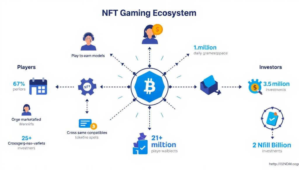 A dynamic game environment where a player is interacting with their NFT assets (e.g., a glowing sword or character skin). Show a transparent holographic screen displaying an NFT marketplace with real-time transactions. Include a secondary scene of players engaging on platforms like Discord and Twitter, showcasing cross-promotion. Add subtle blockchain-inspired visuals in the background, such as interconnected nodes and digital tokens