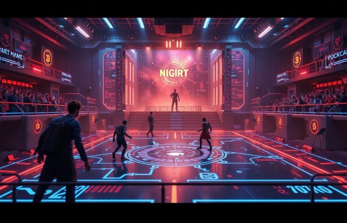 3D render of a futuristic gaming arena with blockchain elements like glowing chains and transparent ledgers. Characters compete in a fair match while rules and rewards are enforced by smart contracts.