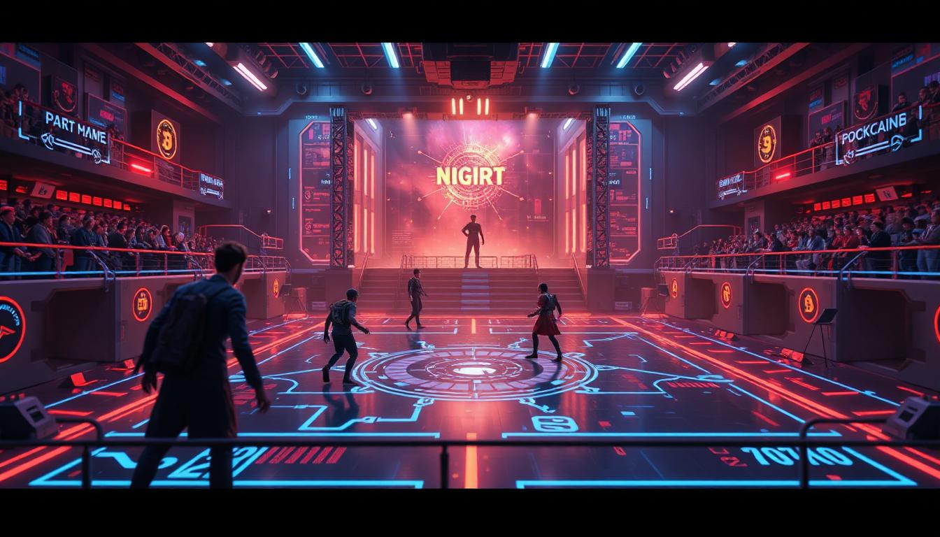 3D render of a futuristic gaming arena with blockchain elements like glowing chains and transparent ledgers. Characters compete in a fair match while rules and rewards are enforced by smart contracts.