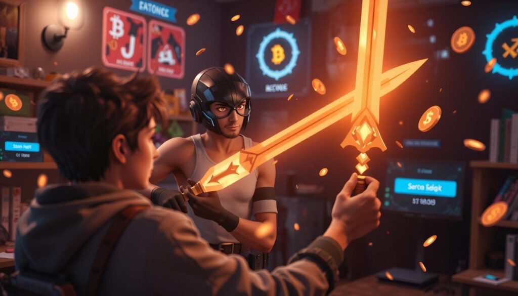 Illustration of a gamer holding a digital NFT sword with blockchain tokens floating around. Behind them, a decentralized marketplace and secure transactions are visible.