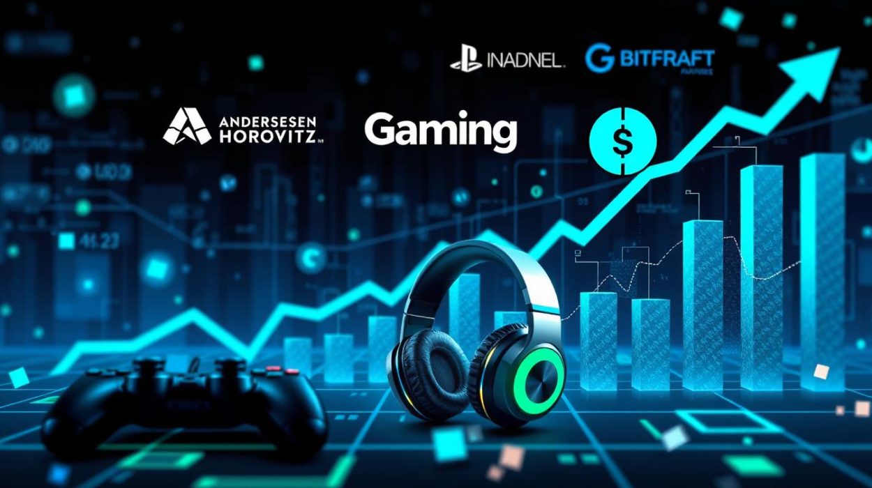 Illustration showing venture capital investment in gaming industry with logos of Andreessen Horowitz, BITKRAFT, and Griffin Gaming Partners, digital gaming icons and financial growth charts.