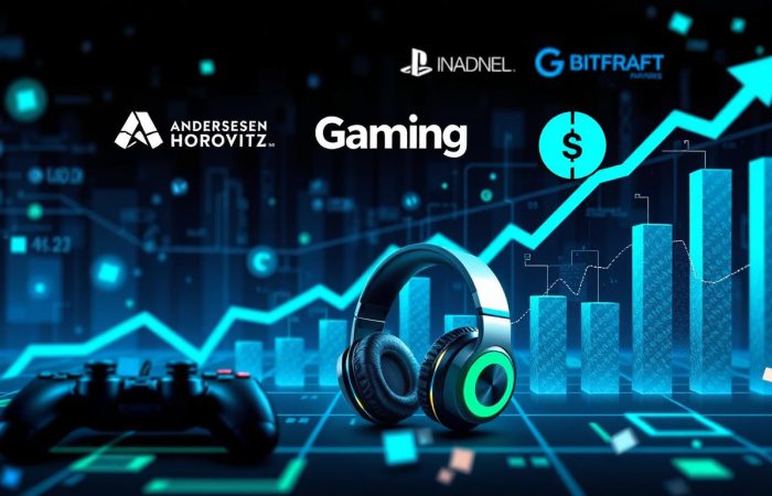Illustration showing venture capital investment in gaming industry with logos of Andreessen Horowitz, BITKRAFT, and Griffin Gaming Partners, digital gaming icons and financial growth charts.
