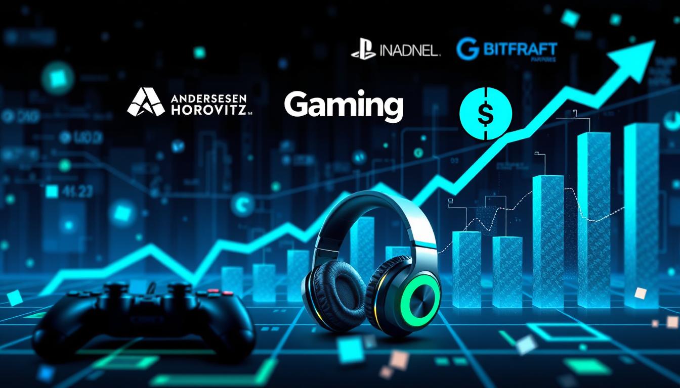 Illustration showing venture capital investment in gaming industry with logos of Andreessen Horowitz, BITKRAFT, and Griffin Gaming Partners, digital gaming icons and financial growth charts.